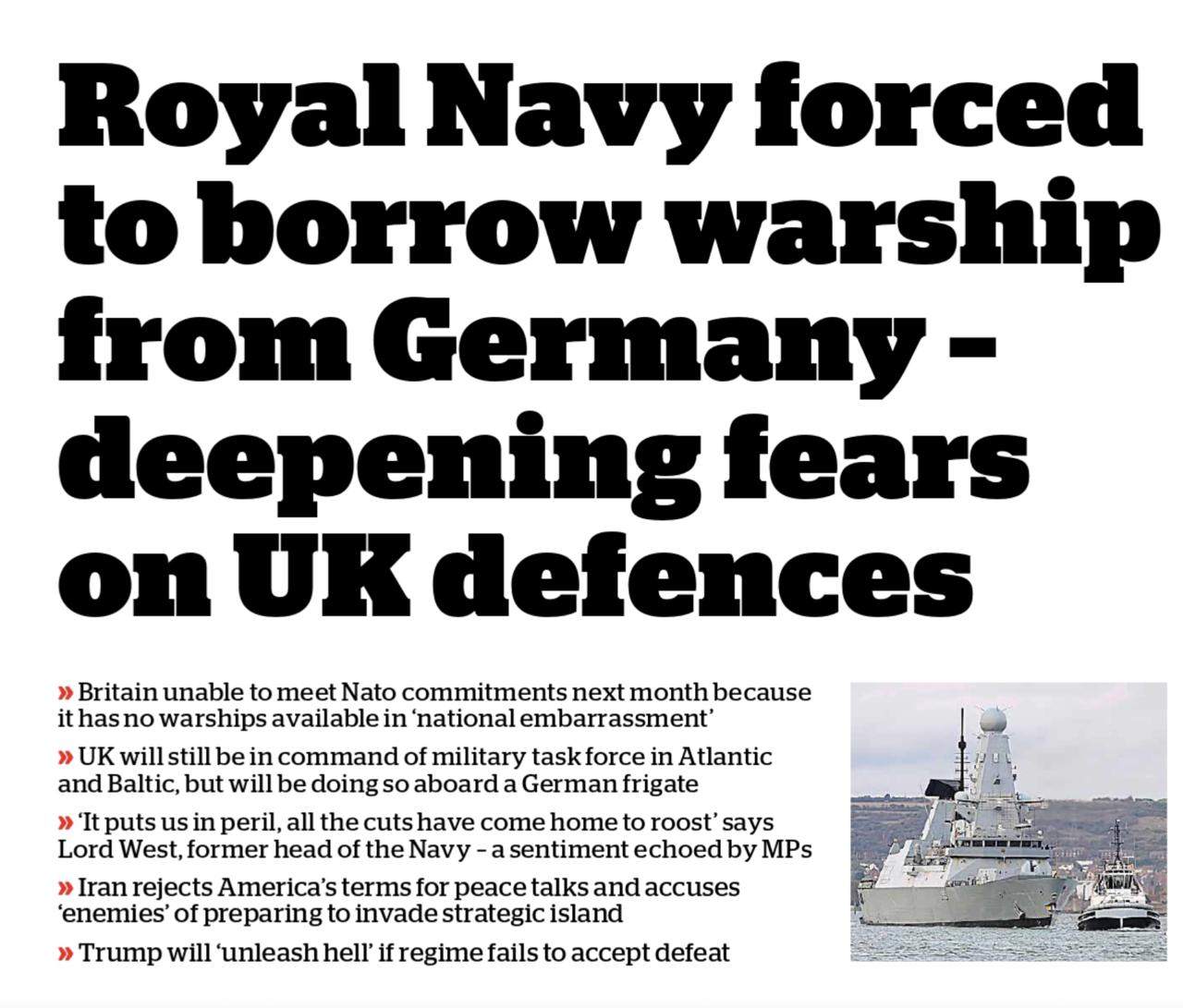 Владимир Корнилов: Некогда великая морская держава Британия в следующем месяце вынуждена будет занять у Германии военный корабль, чтобы выполнить свои обязательства перед НАТО! Что называется, дожили!