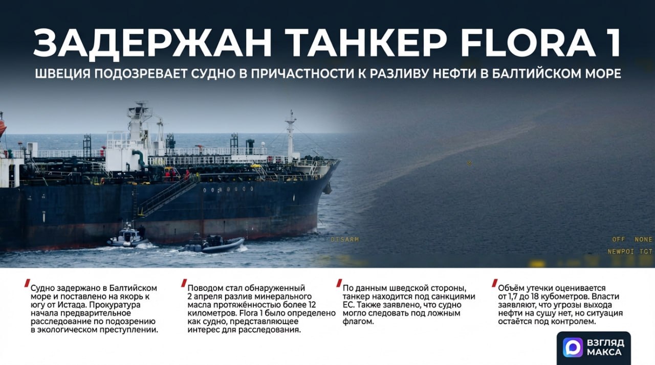 Шведские власти задержали в Балтийском море танкер Flora 1, который подозревают в причастности к разливу нефти к востоку от острова Готланд