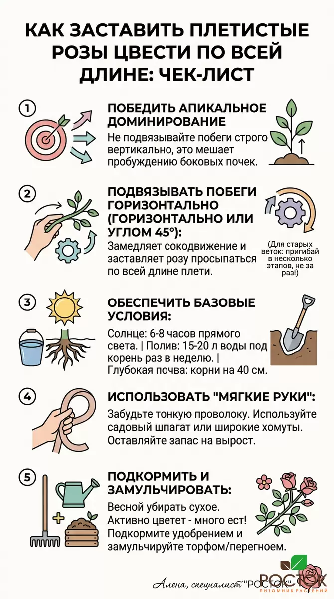 Плетистые розы: как добиться обильного цветения на всей длине веток