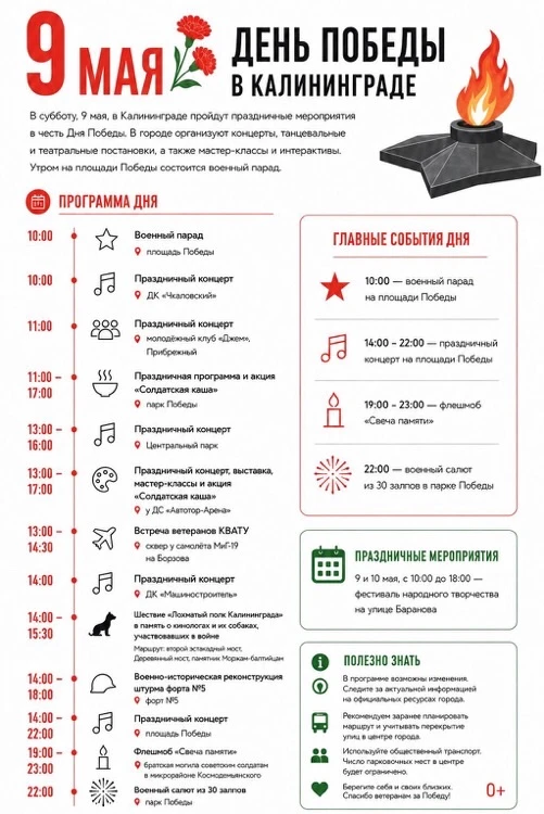 В субботу, 9 мая, в Калининграде пройдут праздничные мероприятия в честь Дня Победы
