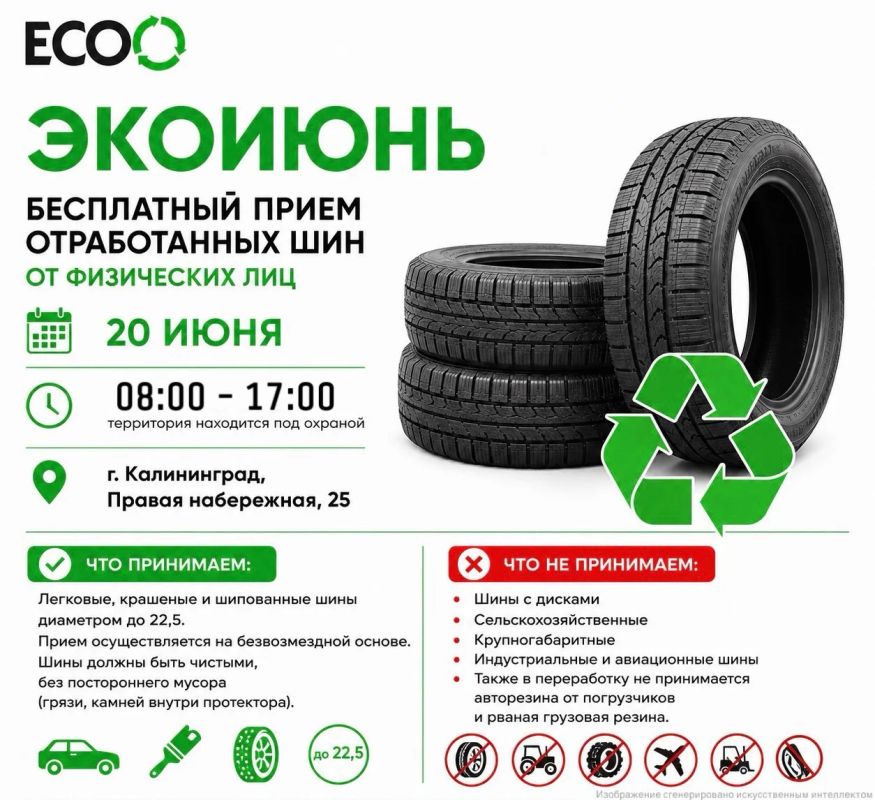 Напоминаем!. 20 июня 2026 года, пройдет экологическая акция «Экоиюнь» по бесплатному приему отработанных шин от физических лиц