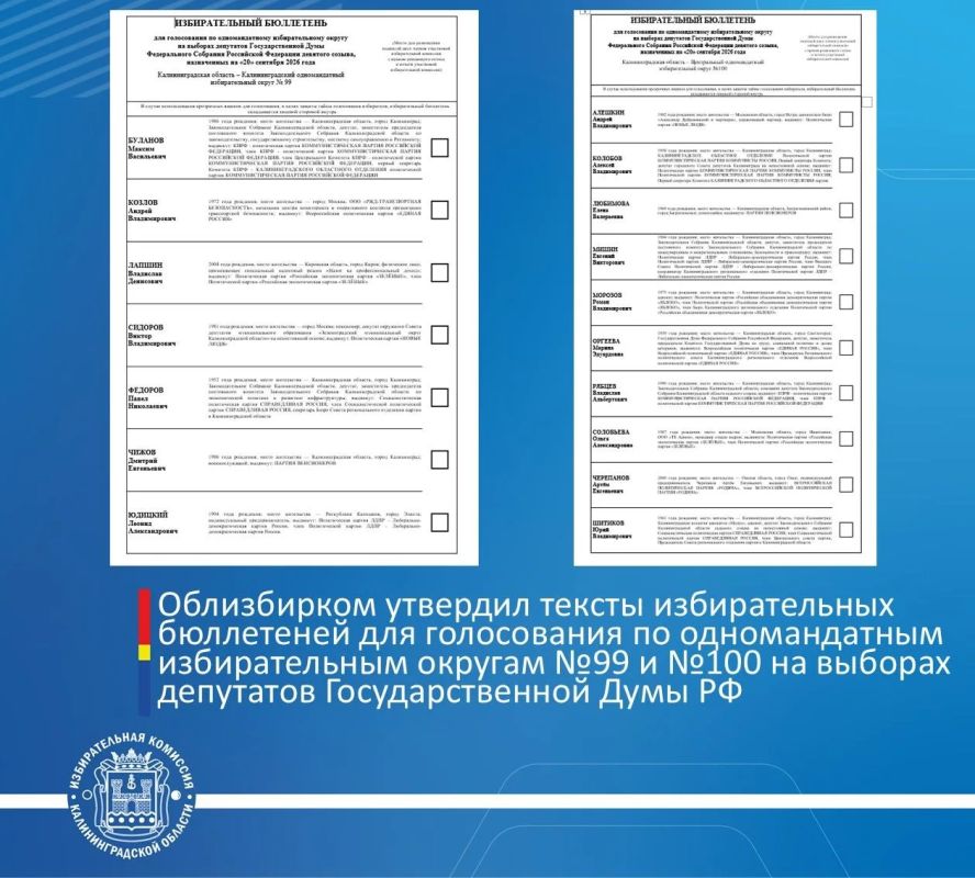 Облизбирком утвердил тексты избирательных бюллетеней для голосования по одномандатным избирательным округам №99 и №100 на выборах депутатов Государственной Думы РФ