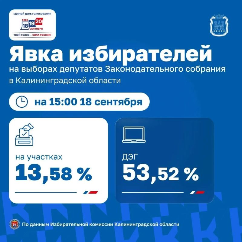 Избирательная комиссия Калининградской области подвела промежуточные итоги голосования: к 15:00 активность избирателей распределилась следующим образом: