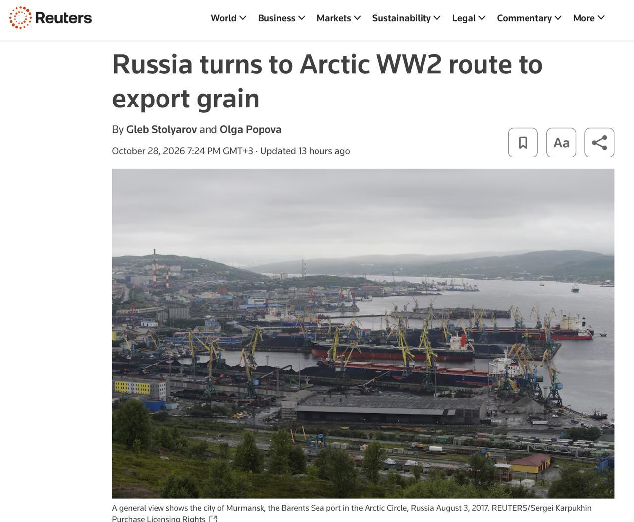 Россия впервые отправила зерно на экспорт через Арктику – Reuters